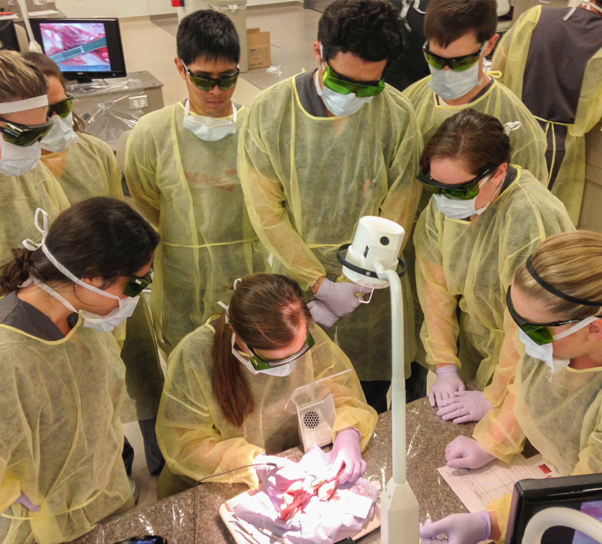 Students gather around a laser during their hands-on training. Lasers can be used to reduce pain and inflammation, improve healing, manage oral facial pain, and stimulate saliva flow and nerve regeneration.