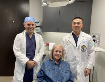 Linda Pellerito, center, is now cancer-free thanks to surgery by James Melville, DDS, right, and the care of Scott Manis, DDS, MD, left, and encourages people to have regular dental checkups. (Photo by UTHealth Houston)